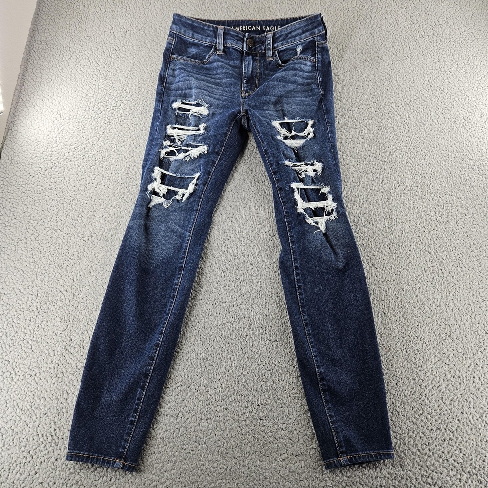 American Eagle Jeans‎ Womens 4 Blue Hi Rise Jegging Stretch Distressed Denim